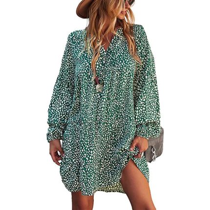 Women's Casual Tunic Dress Long Sleeve Boho Polka Dot Swing Ruffle Mini Dress
