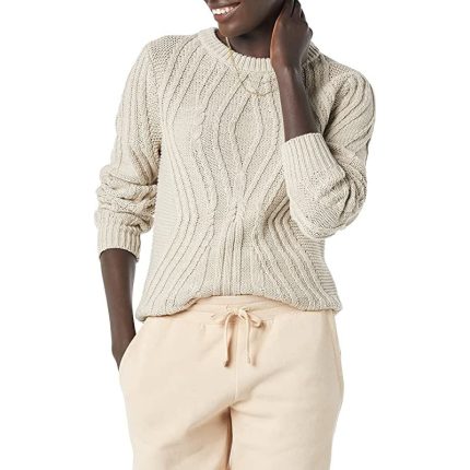 Essentials Women 100% Cotton Crewneck Cable Sweater