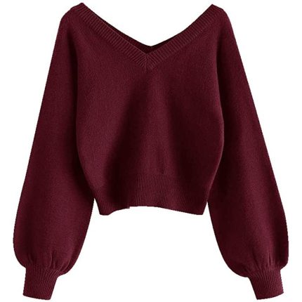 ZAFUL Women Double V Neck Striped Sweater Color Block Pullover Cropped Tops