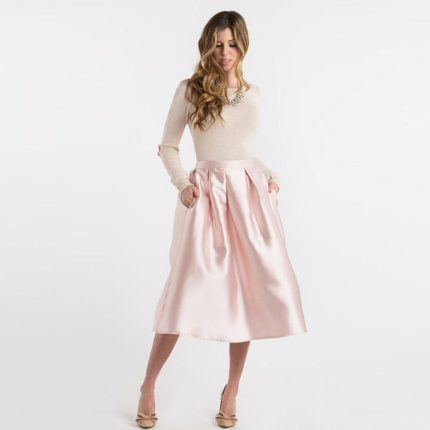 Bright Color Pink Satin Midi Skirts Women Custom Made Zipper Band Waistline A Line Mid Calf Skirt With Pockets Pleats Skirt